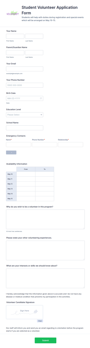 Student Volunteer Application Form Template