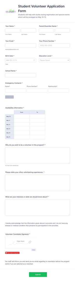 Student Volunteer Application Form Template
