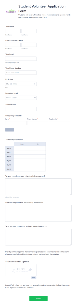 Student Volunteer Application Form Template