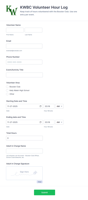 Student Volunteer Hour Log Form Template