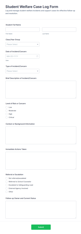 Student Welfare Case Log Form Template