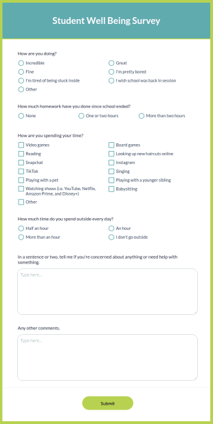 Student Well Being Survey Form Template