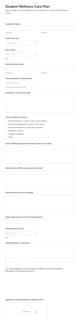 Student Wellness Care Plan Form Template