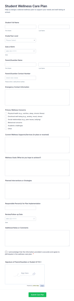 Student Wellness Care Plan Form Template
