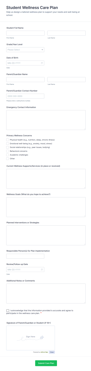 Student Wellness Care Plan Form Template