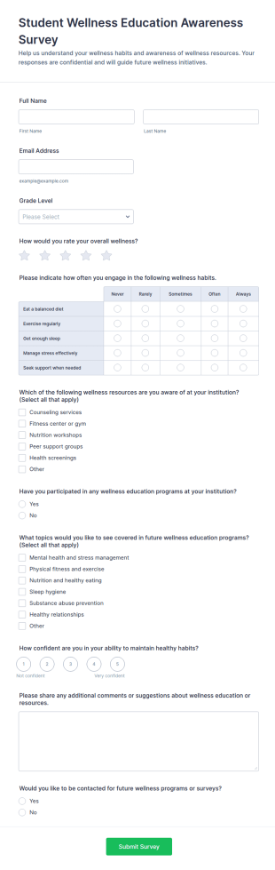 Student Wellness Education Awareness Survey Form Template