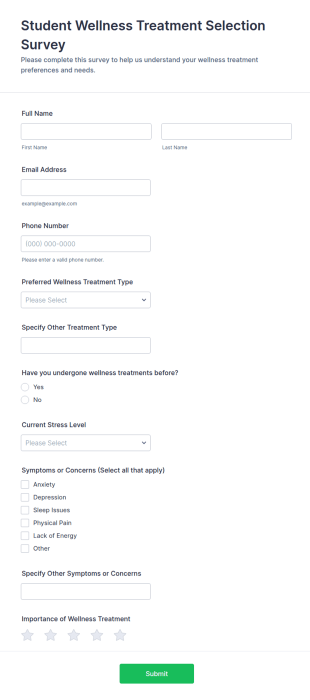 Student Wellness Treatment Selection Survey Form Template