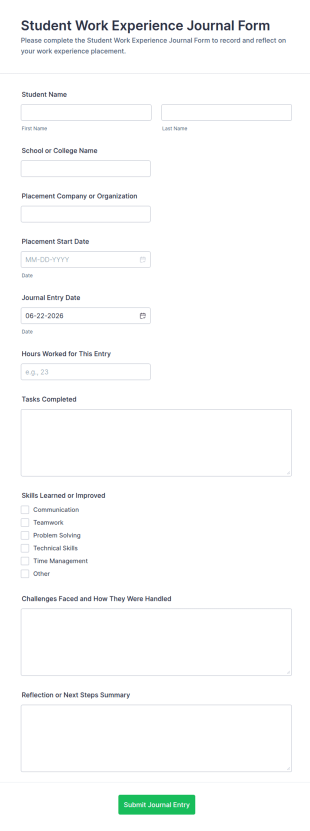 Student Work Experience Journal Form Template
