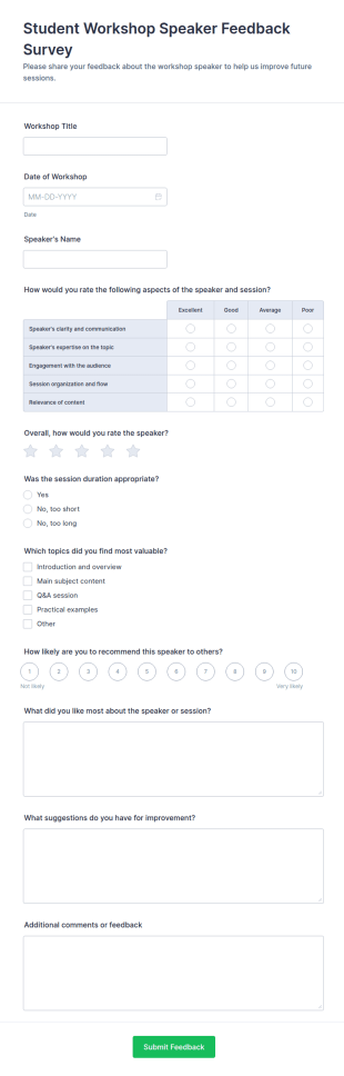 Student Workshop Speaker Feedback Survey Form Template