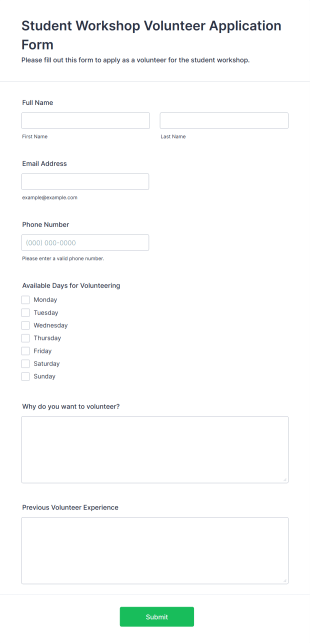 Student Workshop Volunteer Application Form Form Template