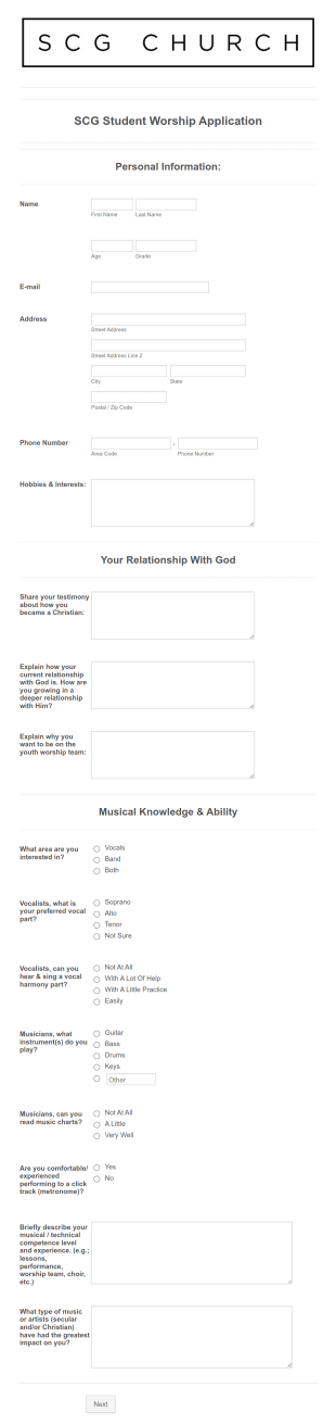 Student Worship Application Form Template