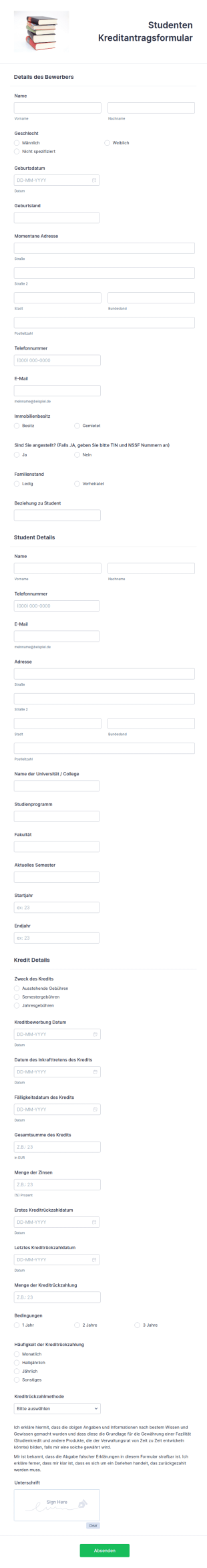 Studenten Kreditantragsformular