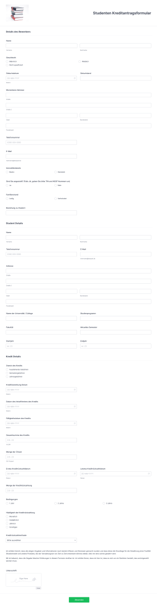 Studenten Kreditantragsformular Form Template