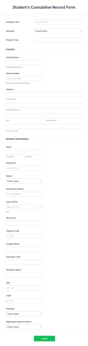Students Cumulative Record Form Template