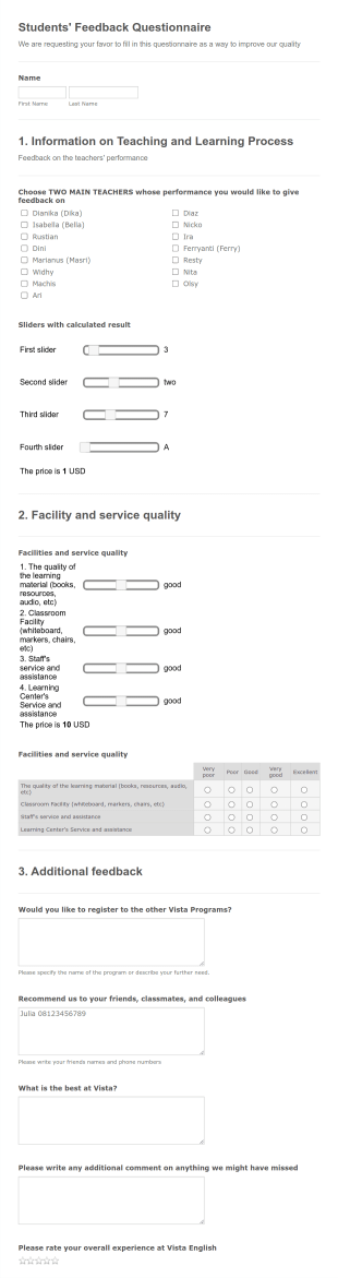 Students' Feedback Questionnaire Version 2 Form Template