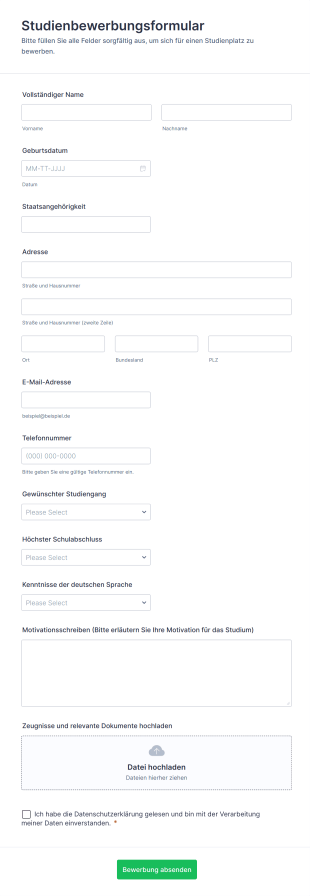 Studienbewerbungsformular Form Template