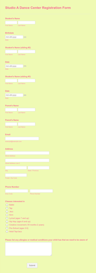 Studio A Dance Center Registration Form Template