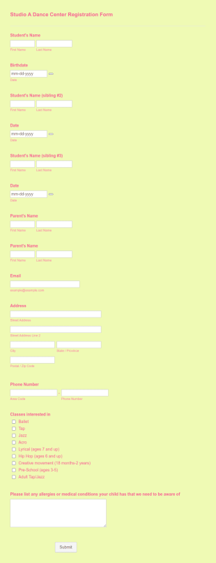 Studio A Dance Center Registration Form Template