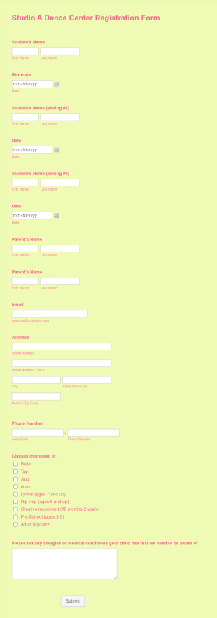 Studio A Dance Center Registration Form Template