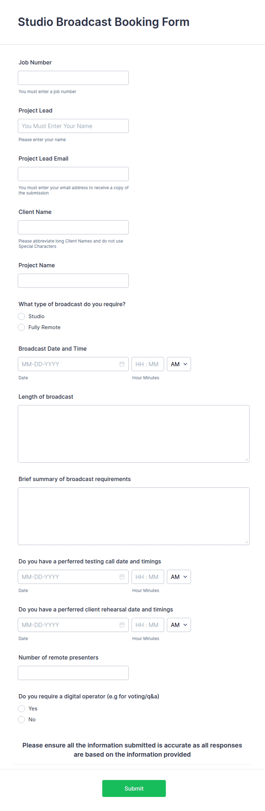 Broadcast Form Studio Broadcast Booking Form Template | Jotform