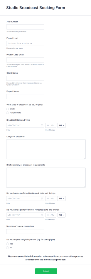 Studio Broadcast Booking Form Template