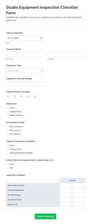 Studio Equipment Inspection Checklist Form Template