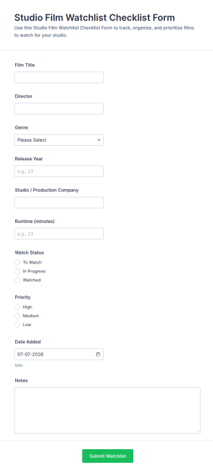 Studio Film Watchlist Checklist Form Template