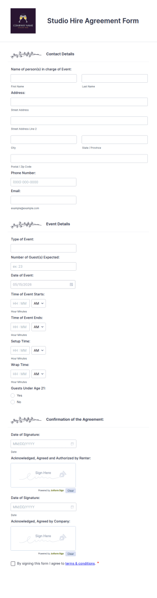 Studio Hire Agreement Form Template