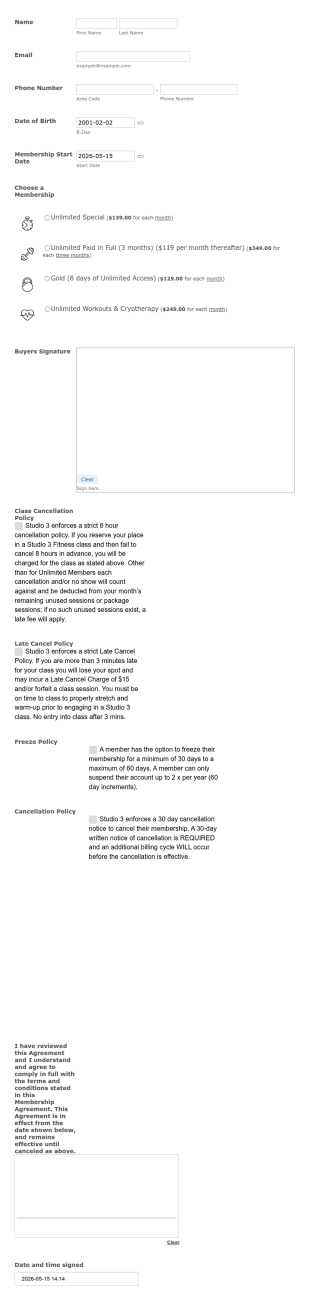 Studio Membership Waiver Form Template