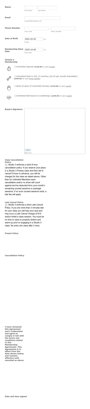 Studio Membership Waiver Form Template