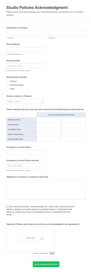Studio Policies Acknowledgment Form Template