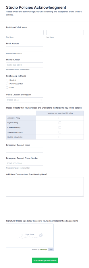 Studio Policies Acknowledgment Form Template