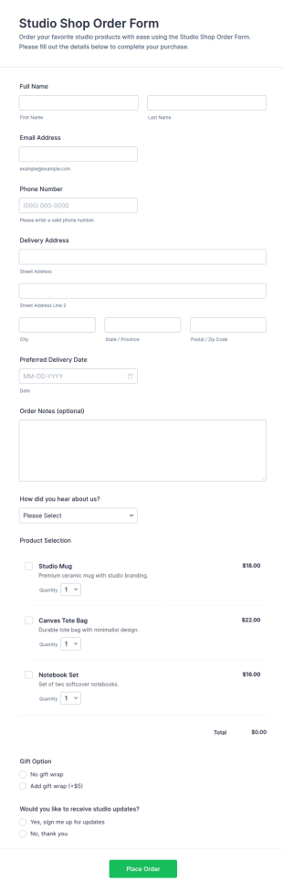 Studio Shop Order Form Template