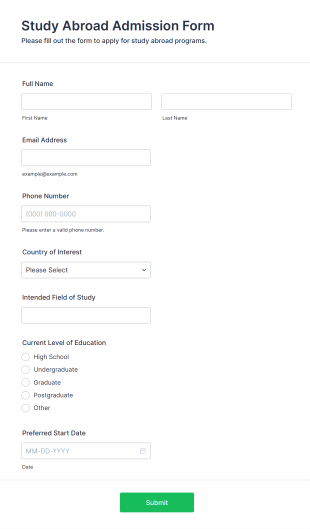 Study Abroad Admission Form Form Template