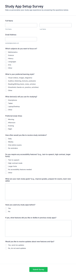 Study App Setup Survey Form Template