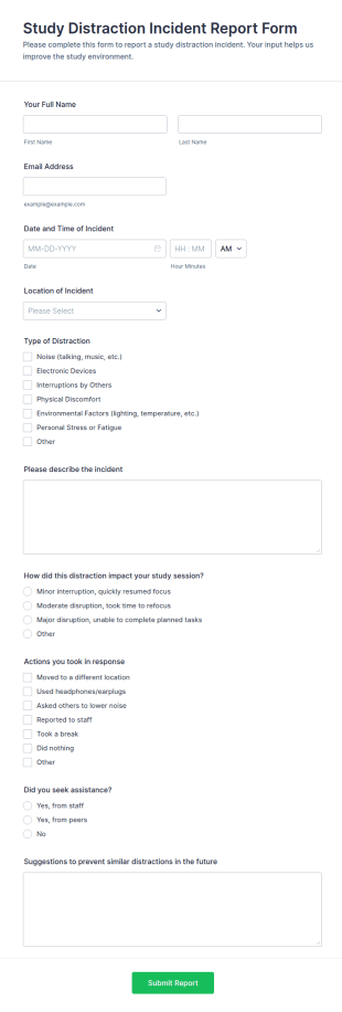 Study Distraction Incident Report Form Template