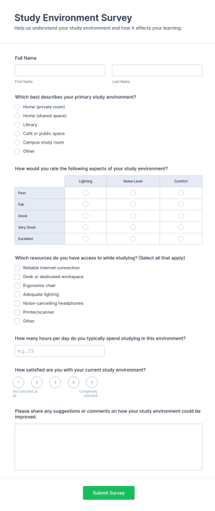 Study Environment Survey Form Template