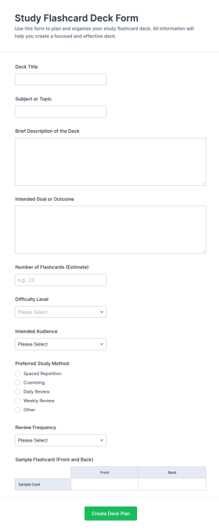 Study Flashcard Deck Form Template