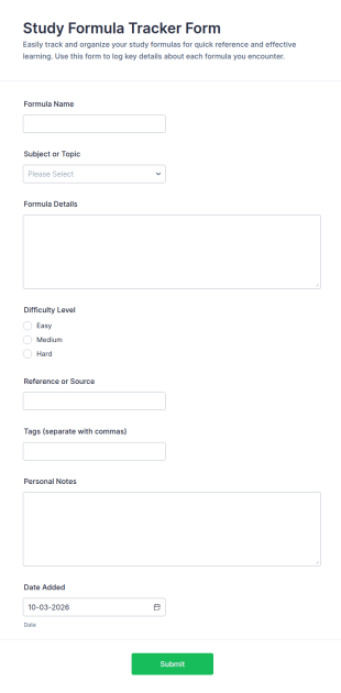 Study Formula Tracker Form Template