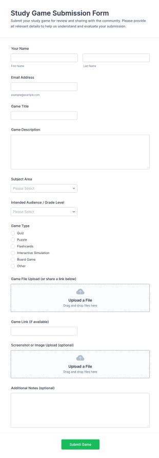 Study Game Submission Form Template