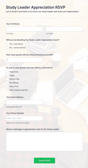 Study Leader Appreciation RSVP Form Template