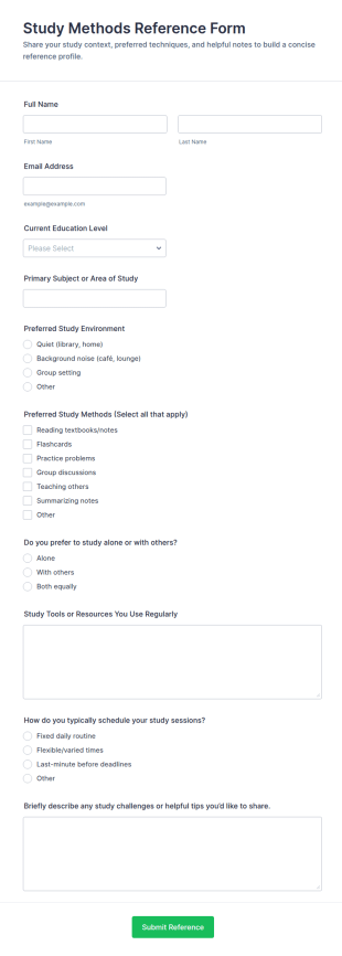 Study Methods Reference Form Template