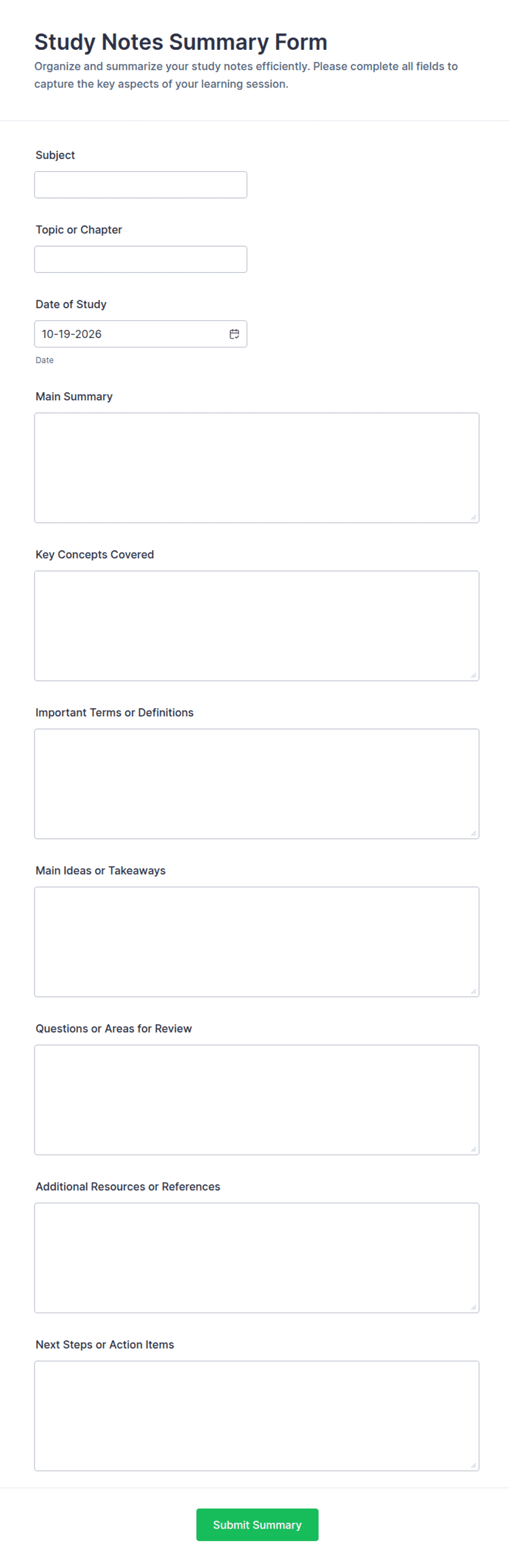 Study Notes Summary Form Template | Jotform
