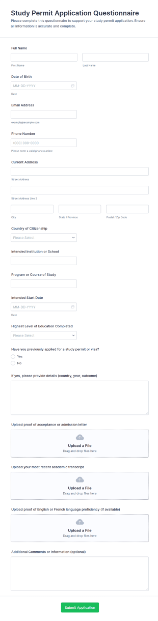 Study Permit Application Questionnaire Form Template