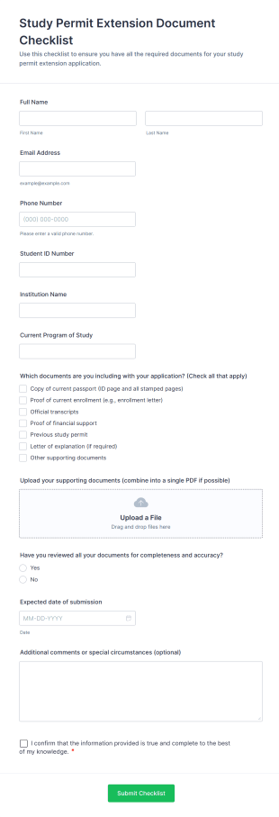 Study Permit Extension Document Checklist Form Template