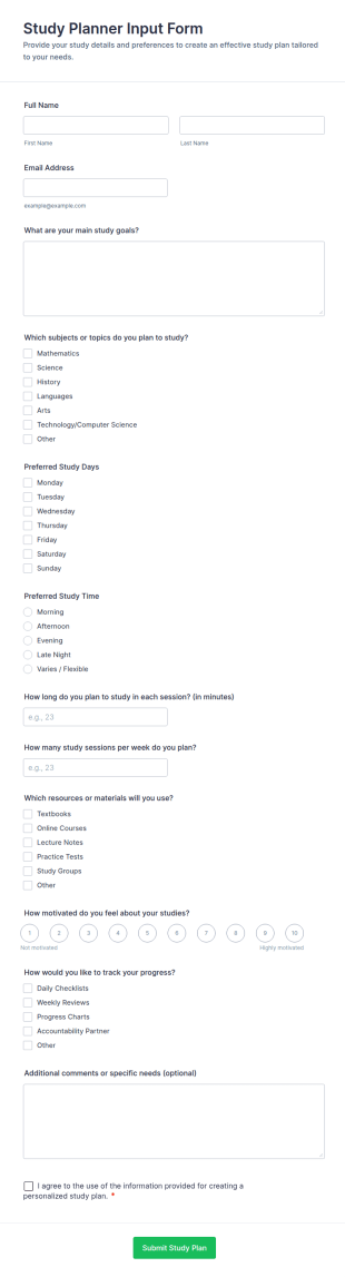 Study Planner Input Form Template