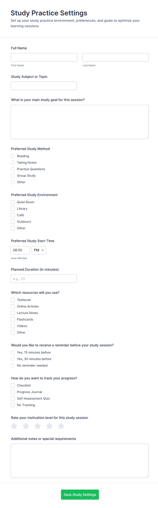 Study Practice Settings Form Template