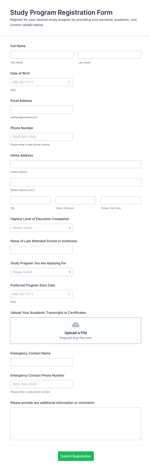 Study Program Registration Form Template
