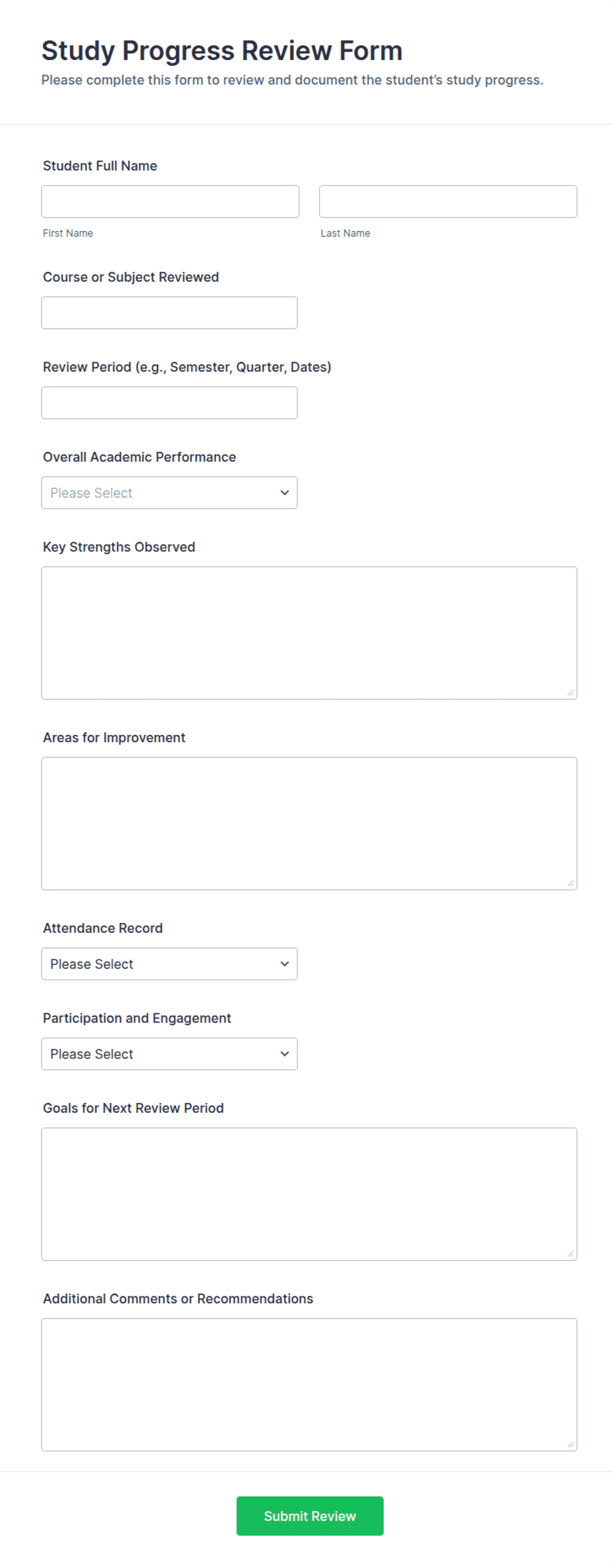 Study Progress Review Form Template | Jotform