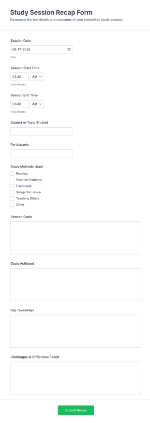 Study Session Recap Form Template